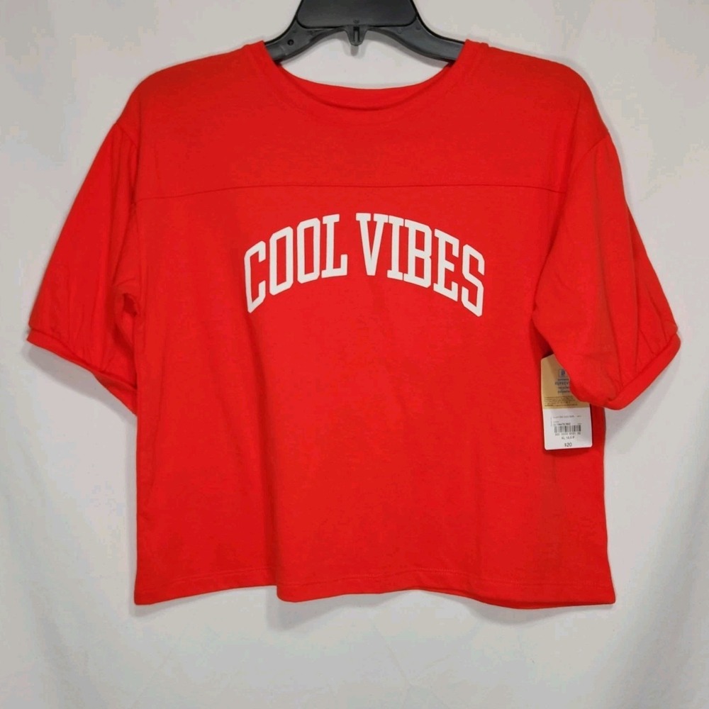 ThereAbouts Womens Short Sleeve Crop Top Size XL Plus Red‎ Good Vibes.